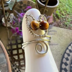 Cat wire wrapped ring with amber beads handmade NEW